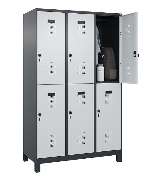 C+P Doppelstöckiger Spind Evolo PLUS, mit Füßen, 6 Fächer, 1950x1200x500mm, 701, Frontfarbe RAL 7035 Lichtgrau, Drehriegel, 049310-32 S10017