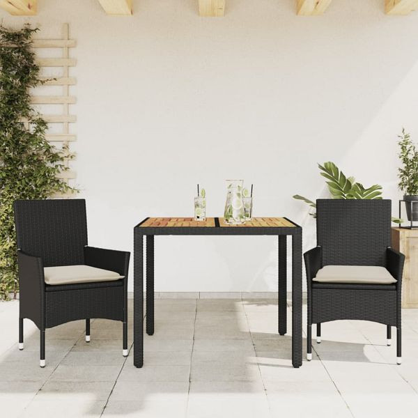 vidaXL 3-teilig Garten-Essgruppe mit Kissen Schwarz Poly Rattan Akazie, 3278663