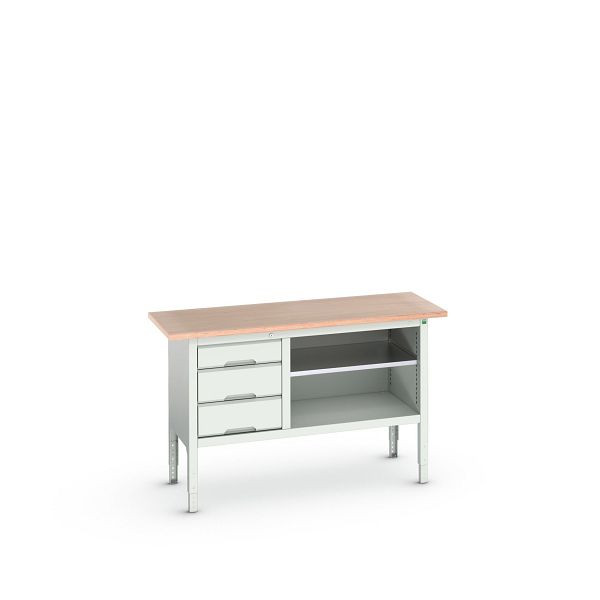 bott verso Kastenwerkbank mit einstellbarer Arbeitshöhe und Schubladenschrank mit 3 Schubladen, 1500x600x830-930mm, Lichtgrau/Lichtgrau, 16923012.16