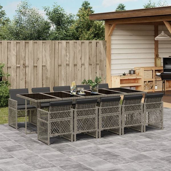 vidaXL 11-teilig Garten-Essgruppe mit Kissen Grau Poly Rattan, 3210752
