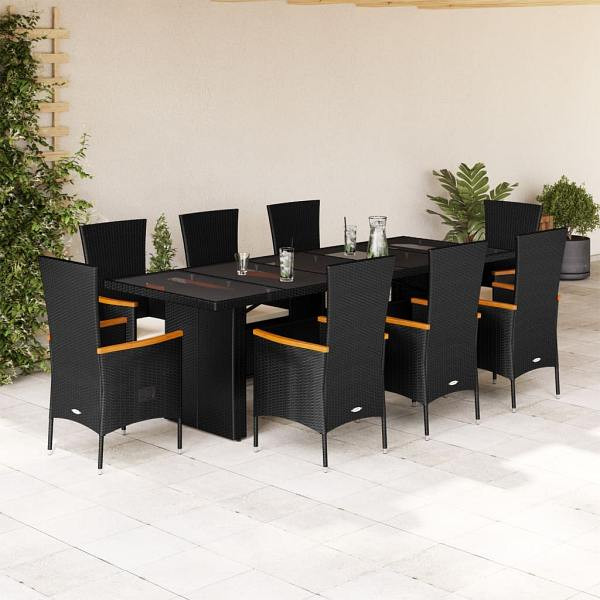 vidaXL 9-tlg. Garten-Essgruppe mit Kissen Schwarz Poly Rattan, UV-beständig, 3277531