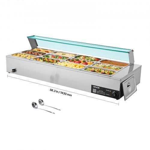 VEVOR Speisenwärmer, 12 x 1/3 Behälter, 1,7 kW Edelstahl mit Glasabdeckung & Suppenkelle, Chafing Dish für Catering, SYSPBWQBLZK1D5VM9002V2
