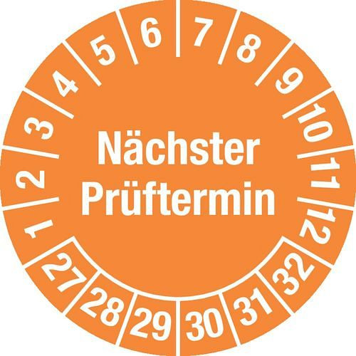 DENIOS Prüfplakette "Nächster Prüftermin", 27 - 32, orange, Folie, SK, 20 mm, VE: 3 Bogen à 36 Stück, 290036