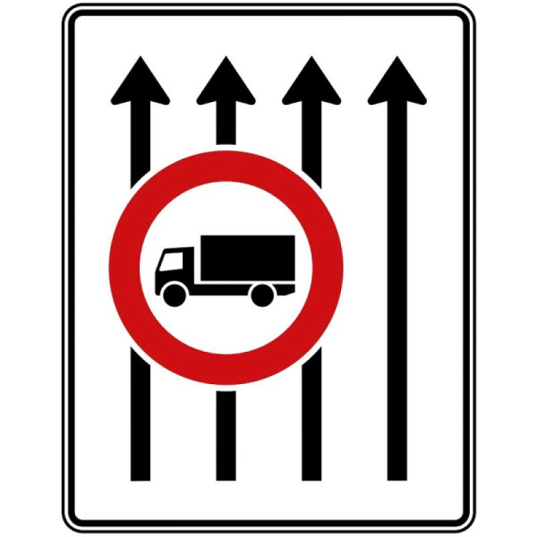 Stein HGS Fahrstreifentafel ohne Gegenverkehr, RA1/Alform, ohne Entfernungsangabe, 1600x1250mm, 4 Streifen in Fahrtrichtung, 3 Streifen mit Verbot für Kraftfahrzeuge über 3,5 t, 524-32-112