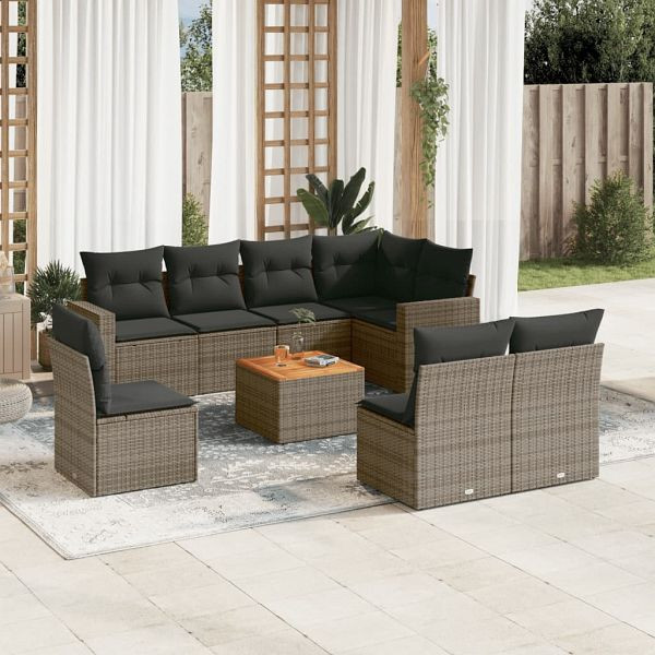 vidaXL 9-teilig Garten-Sofagarnitur mit Kissen Grau Poly Rattan, 3224163