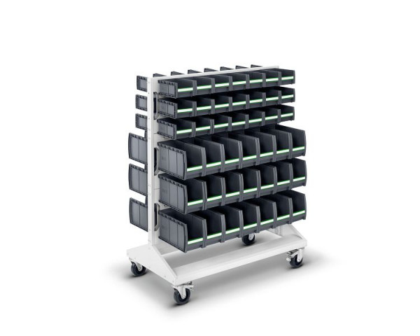 bott perfo Rack mobil mit 84 bottBoxen 6 Schlitzplatten BxTxH: 1000 x 550 x 1250 mm, RAL 7035, 16917390.16V