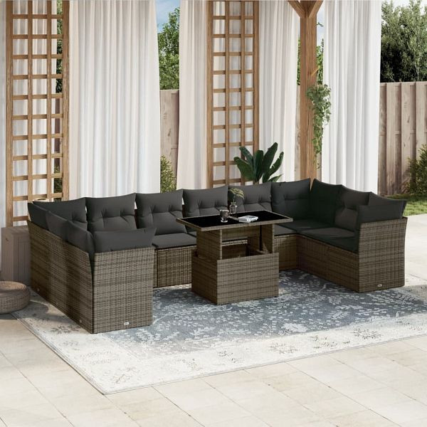 vidaXL 11-tlg. Garten-Sofagarnitur mit Kissen Grau Poly Rattan, 3266860