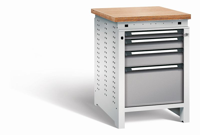 Otto Kind Werkbank Serie function Typ 108, Multiplexplatte, bündig, 4 Schubladen, mit Zentralverschluss, Gehäuse RAL 7035, Front RAL 7037, 072325167