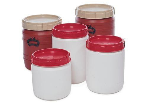 DENIOS Superweithalsfass SWH 34, aus Polyethylen (PE), 34 Liter Volumen, weiß-rot, 129130