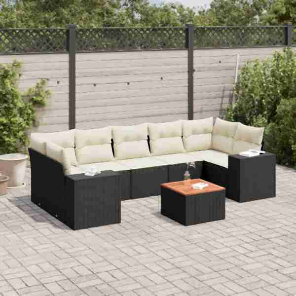 vidaXL 8-tlg. Garten-Sofagarnitur mit Kissen Schwarz Poly Rattan, UV-beständig, 3225356