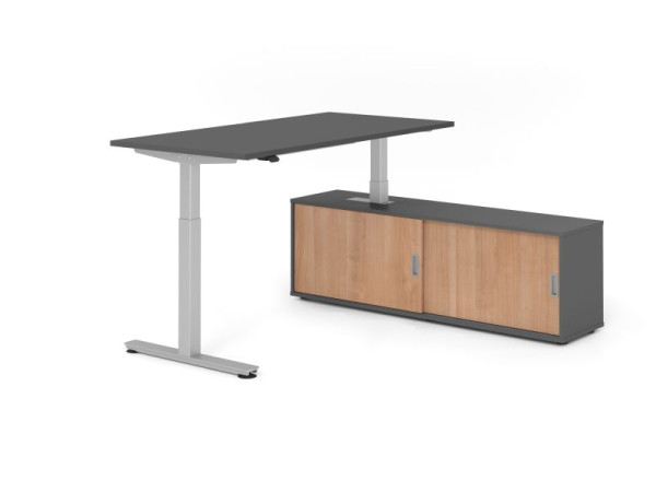 Hammerbacher Schreibtisch XMST16, 160x80cm, Platte: Graphit, T-Fuß Gestell Silber, Höhe: 71 - 120 cm, Graphit / Nussbaum, VXMST16SB/G/S/G/N
