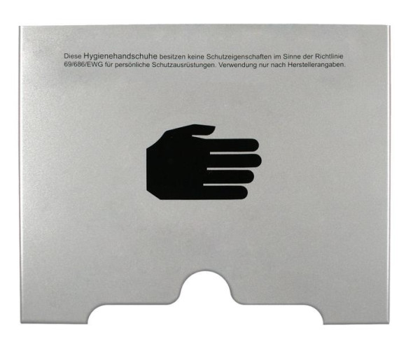 Busching Handschuhspender Entnahme unten mittige Öffnung, ALU RAL9006 mit Pikto/Schutzhinweis, 100773