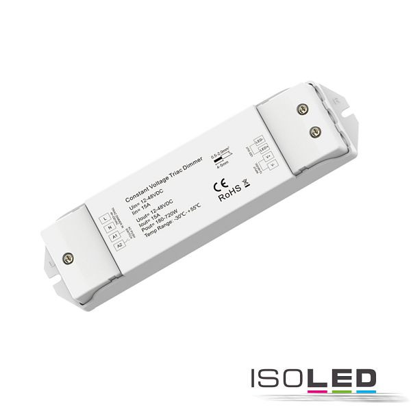 ISOLED Phasenan-/Abschnitt (40-230V)/Push Eingangssignal zu PWM-Dimmer, 1 Kanal, 12-48V DC 15A, 114431