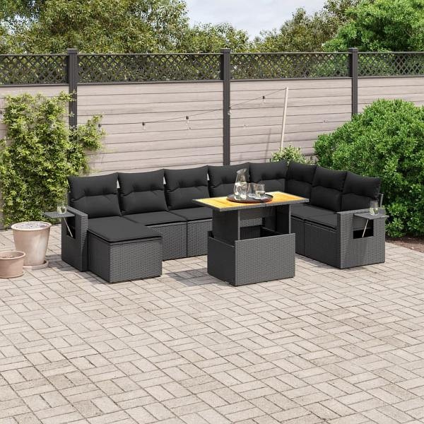 vidaXL 9-tlg. Garten-Sofagarnitur mit Kissen Schwarz Poly Rattan, UV-beständig, 3271888