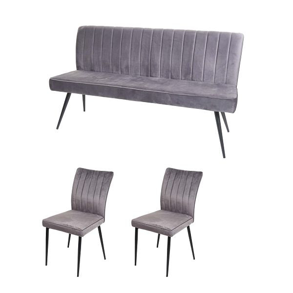 Mendler Esszimmer-Set HWC-K16, 2er-Set Stuhl+Sitzbank Esszimmergruppe Sitzgruppe Esszimmergarnitur, Samt Metall, dunkelgrau, 89319+89321+89480