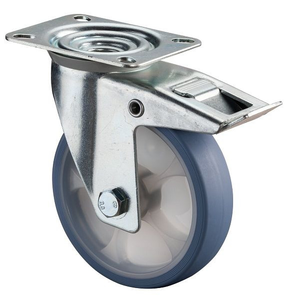 BS Rollen Transportrolle Lenkrolle mit Festeller, thermoplastisches Gummirad, Reifen lichtblau, Rollenlager, Platte, 125 mm, VE: 2 Stück, L420.B44.126.05