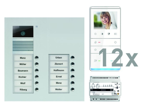 TCS Türkontrollsystem video:pack UP für 12 Wohneinheiten, mit Außenstation AVU 12 Klingeltasten, 12x Video Freisprecher IVW5111, Steuerung, PVU17120-0010