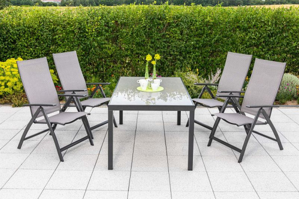 Merxx Vicenza Set 5-teilig, 4 Klappsessel, 1 Tisch, 150 x 90 cm, graue Tischplatte, graphit/diamantbraun, Aluminiumgestell mit Textilbespannung, 50284-217