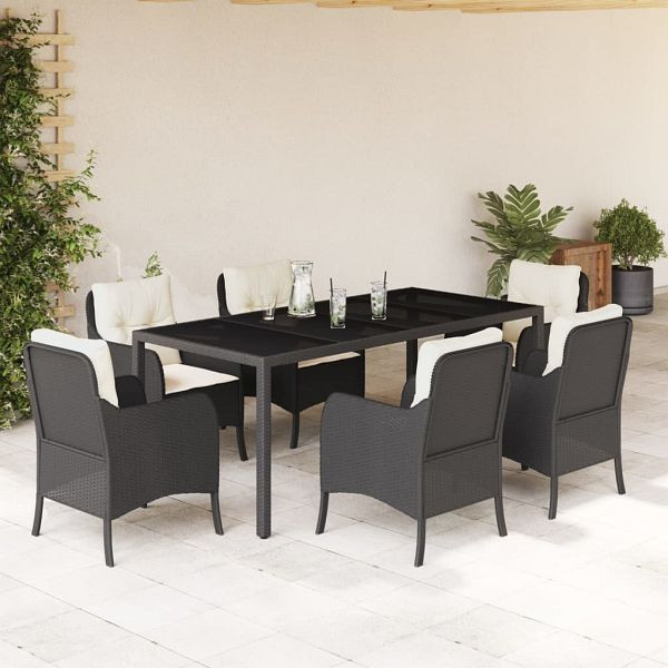 vidaXL 7-teilig Garten-Essgruppe mit Kissen Schwarz Poly Rattan, 3211846