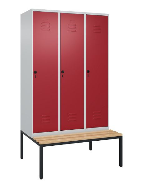 C+P Umkleidespind Classic PLUS mit Mitteltrennwand, Bank, 3 Abteile, 2120x1200x815mm, 7035/3003, Drehriegel, Buche-Sitzleisten, 0800507-32F S10001