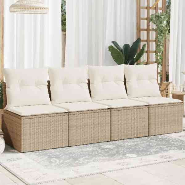 vidaXL Gartensofa mit Kissen 4-Sitzer Beige Poly Rattan, UV-beständig, 366054
