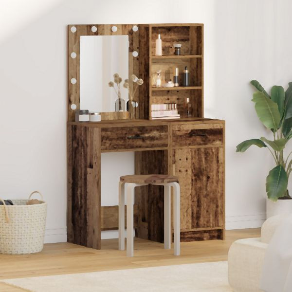 vidaXL 2-teiliger Schminktischset mit LED aus altem Holz und Holzwerkstoff, 3334279