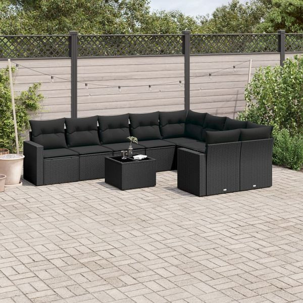 vidaXL 10-teilig Garten-Sofagarnitur mit Kissen Schwarz Poly Rattan, 3251782