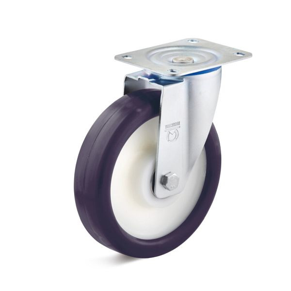 Torwegge Elastik-Polyurethan Lenkrolle, Tragfähigkeit 400 kg, Rad-Ø 200 mm, Radbreite 47 mm, Bauhöhe Gehäuse 135 mm, Gesamtbauhöhe 235 mm, 0030103