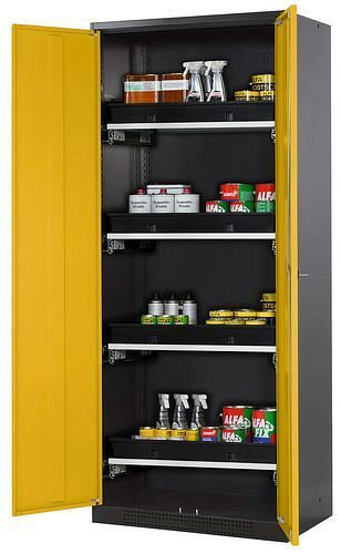 asecos Chemikalienschrank Systema-T CS-84, Korpus anthrazit, Flügeltüren gelb, 4 Tablarauszüge, 208897