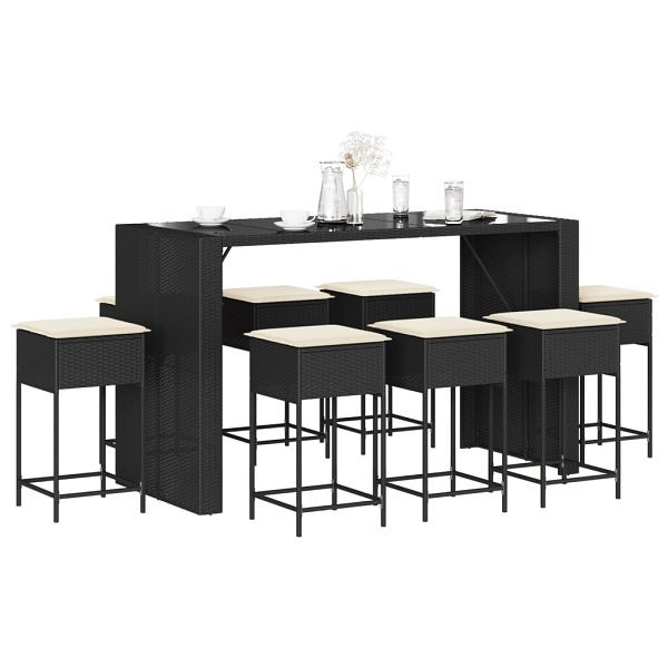 vidaXL 9-teilig Gartenbar-Set mit Kissen Schwarz Poly Rattan, 3261513