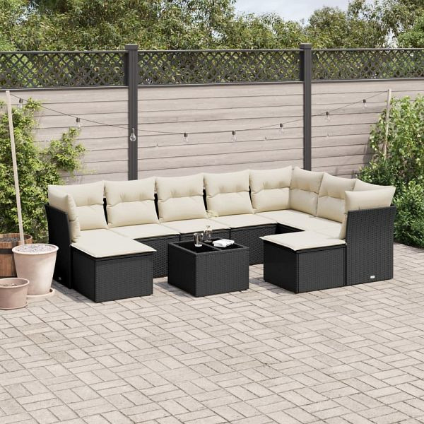 vidaXL 10-tlg. Garten-Sofagarnitur mit Kissen Schwarz Poly Rattan, 3218576