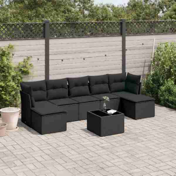 vidaXL 8-tlg. Garten-Sofagarnitur mit Kissen Schwarz Poly Rattan, UV-beständig, 3218035