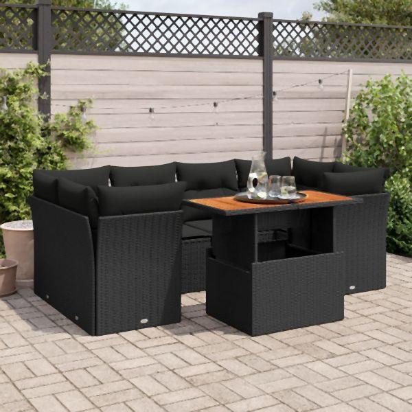 vidaXL 7-tlg. Garten-Sofagarnitur mit Kissen Schwarz Poly Rattan, 3326890