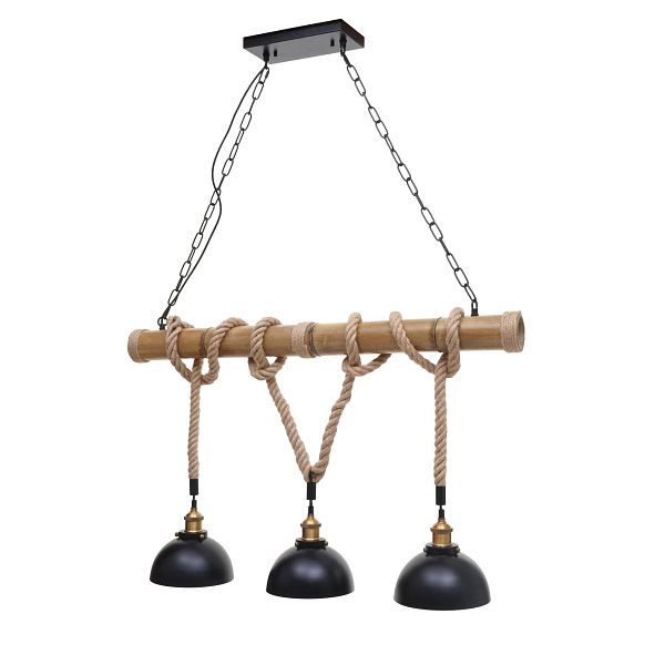 Mendler Pendelleuchte HWC-H82, Hängelampe Hängeleuchte, Industrial Vintage Bambus Seil Metall schwarz, 3x Kuppellampenschirm, 74201