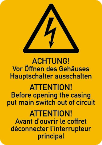 Schilder Klar (3sprachig) Hauptschalter ausschalten, 37x52 mm Folie selbstklebend, 7543/91