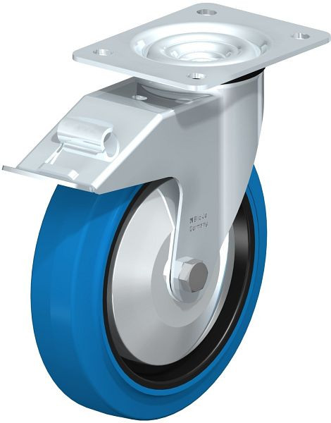 Blickle LE-POEV 200KD-FI-SB-FA Stahlblech-Lenkrolle mit Anschraubplatte & Feststeller, Elastik-Vollgummi, Blau, 749645