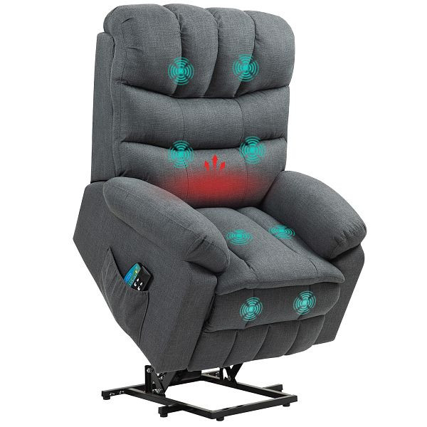 HOMCOM Aufstehsessel, elektrischer Liegesessel mit Massagefunktion, Polstersessel mit Aufstehfunktion, Metall, Stoff, Grau, 713-187V90CG