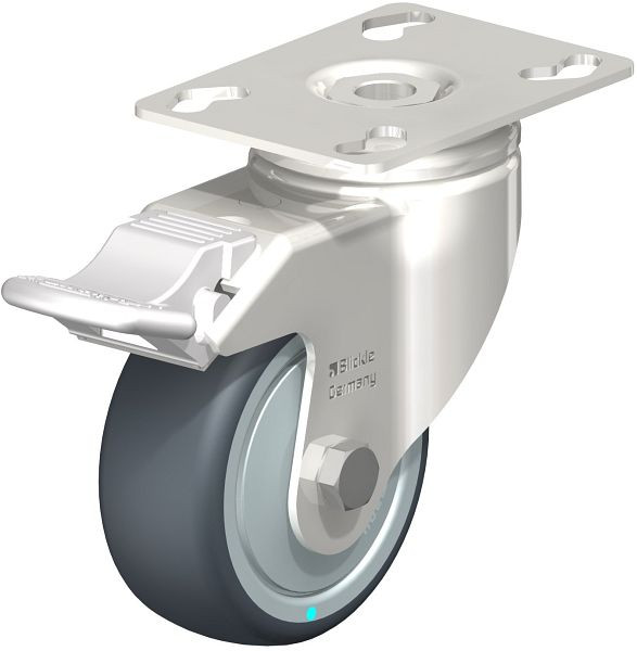 Blickle LKPXA-TPA 80KD-FI-FK Edelstahl-Apparate-Lenkrolle mit Anschraubplatte & Feststeller, Thermoplastisches Gummi-Elastomer, Grau, 574830