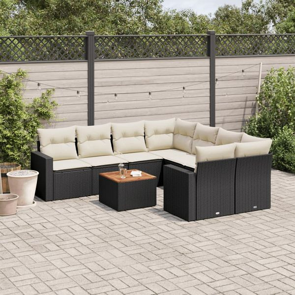 vidaXL 9-teilig Garten-Sofagarnitur mit Kissen Schwarz Poly Rattan, 3256378