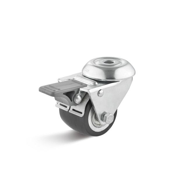 Torwegge Polyurethan Bühnenrolle mit Doppelstopp, Tragfähigkeit 100 kg, Rad-Ø 50 mm, Radbreite 40 mm, Ausladung 24,5 mm, 0049164