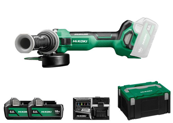 HiKOKI 18 V Akku Winkelschleifer (Brushless) Schiebe Schalter, 2 x 5.0 Ah, 125 mm, G1813DA (5.0) (HSC III), G1813DAWQZ