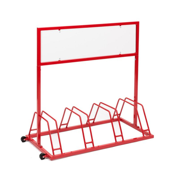 Stein HGS Werbe-Fahrradständer Typ EW 7004 mit Laufrollen, RAL 9010 reinweiß, mit Digitaldruck einseitig, mehrfarbig, laminiert, 24657-02
