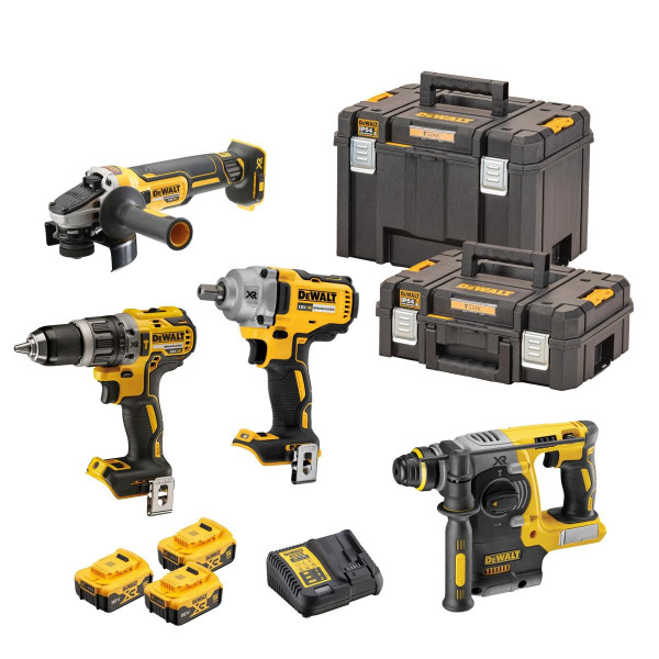 DeWalt 18 Volt / 5 Ah Akku-Schlagbohrschrauber-Set (DCD 796, DCF 894, DCH 273, DCG 405, 3x DCB 184 und DCB 115), DCK428P3T-QW