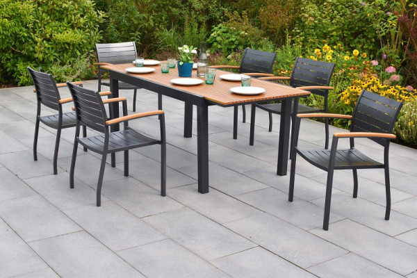 Merxx Astros Set 7-teilig, 6 Astros Stapelsessel, 1 Ausziehtisch 150 (200) x 90 cm, Tisch aus Kunststoff in Holzoptik, 50193-217