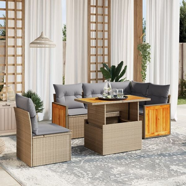 vidaXL 6-tlg. Garten-Sofagarnitur mit Kissen Beige Poly Rattan, 3273964