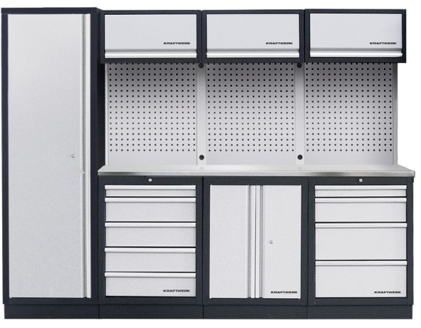 Kraftwerk MOBILIO 4-Element-Werkstatt-Schranksystem mit rostfreier INOX Arbeitsplatte, mit Vierkantlochwand, 3964BIX