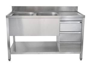 A&S Gastro Spültisch mit Schubladenblock, 2 Becken links, Bautiefe 700 mm, 140x700x850 mm, SPT1472BL-S
