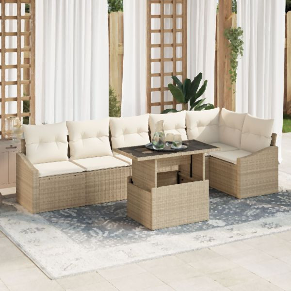 vidaXL Garten Sofa Set Set aus 7 Beige Rattan, Polyester, Schaum, 3357754