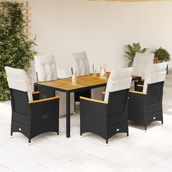 vidaXL 7-tlg. Garten-Bistro-Set mit Kissen Schwarz Poly Rattan, UV-beständig, 3276963
