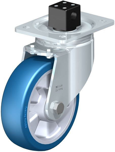 Blickle LH-ALBS 160K-CS13 Stahlblech-Lenkrolle, Schwerlast-Ausführung, mit Anschraubplatte & Zentralfeststeller, Blickle Besthane® Soft, Blau, 752169